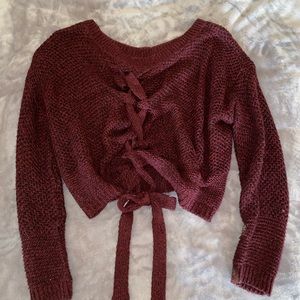 Burgundy knitted off the shoulder cropped top